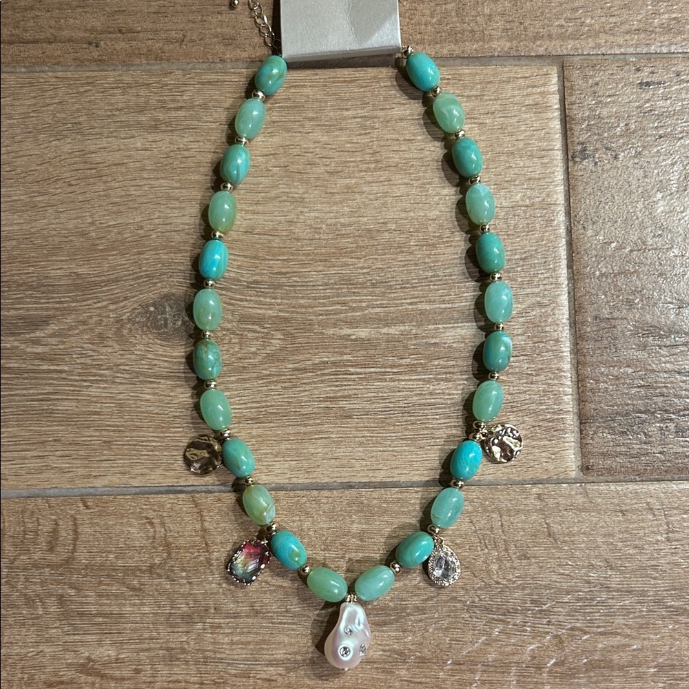 Faux Jade Bead Charm Necklace with Faux Pearl- NWT